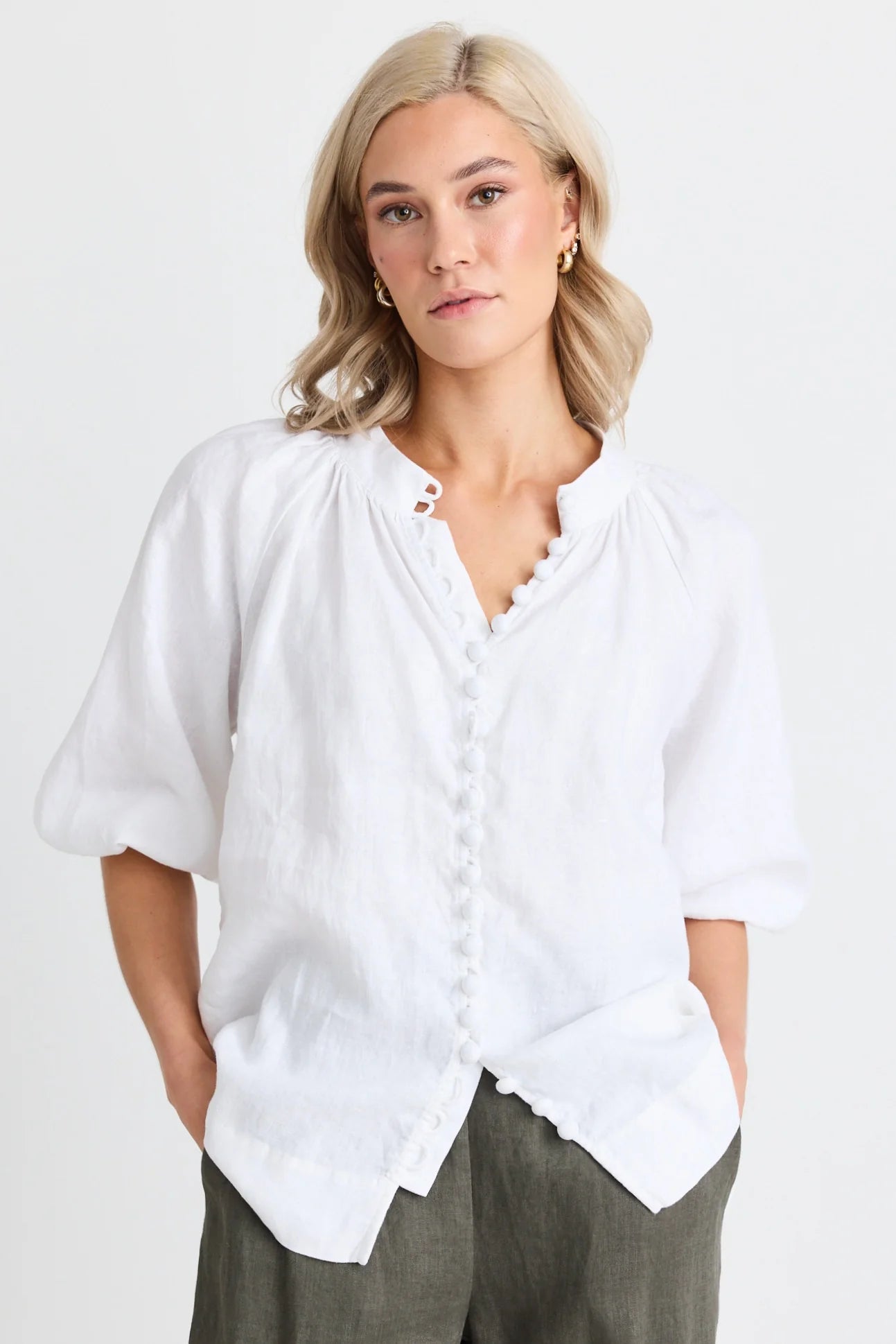 Restoration White Linen Button Front Mid Sleeve Blouse