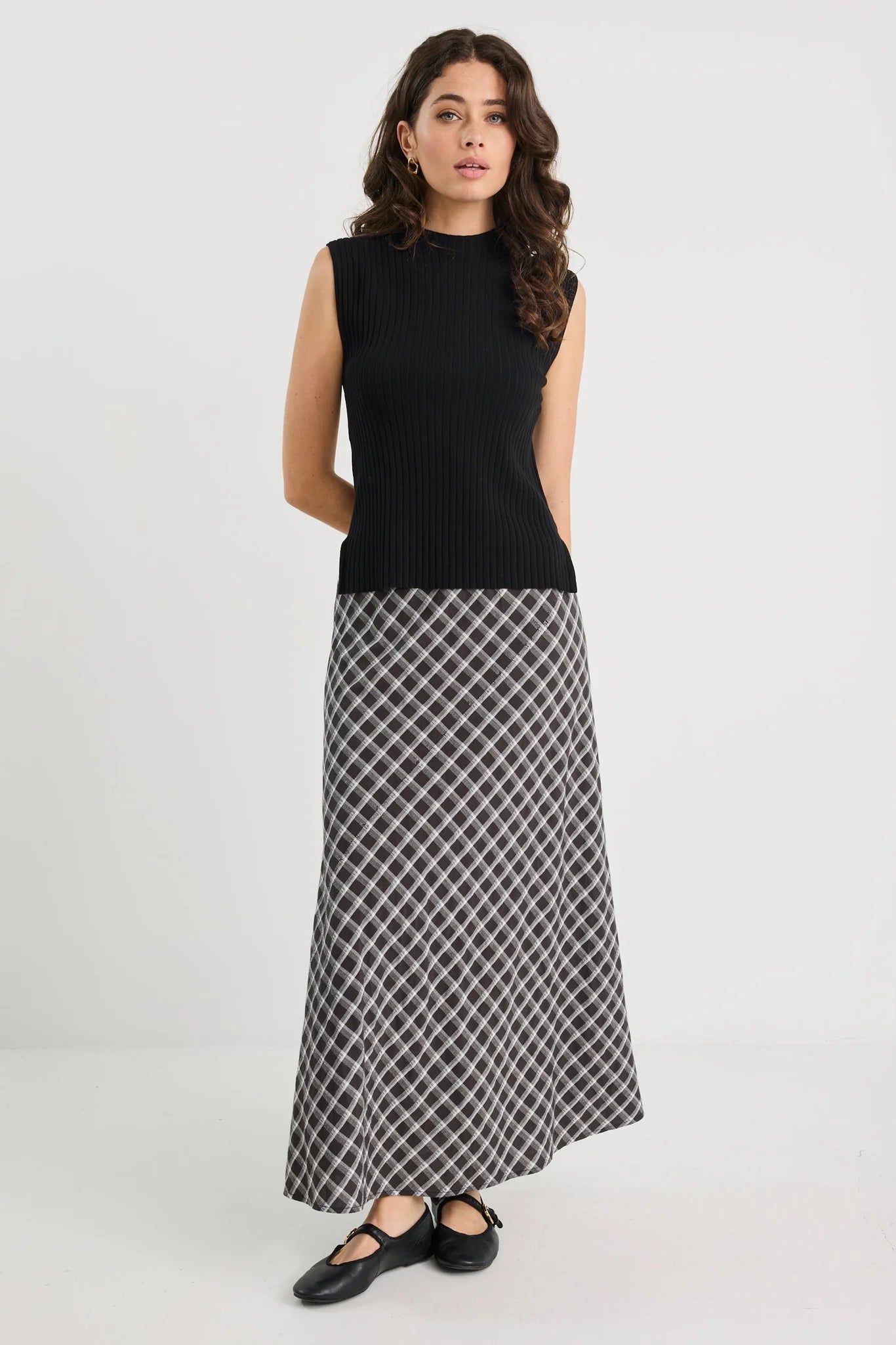 Soulmate Black White Check Bias Cut Midi Skirt