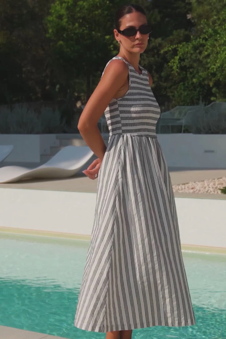 Bryar Ivory Black Stripe Cotton Sleeveless Shirred Bodice Midi Dress