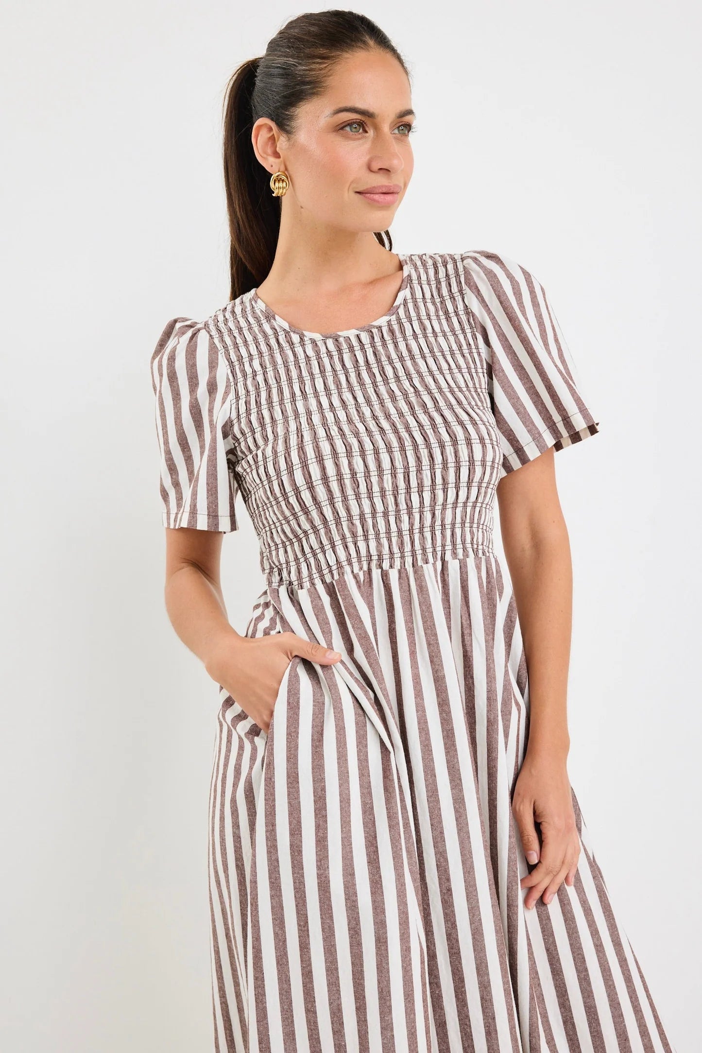 Wren Chocolate Stripe Cotton SS Shirred Bodice Midi Dress