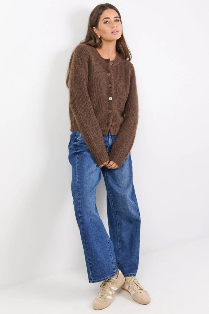 Highlight Chocolate Mohair Blend Crewneck Cardigan