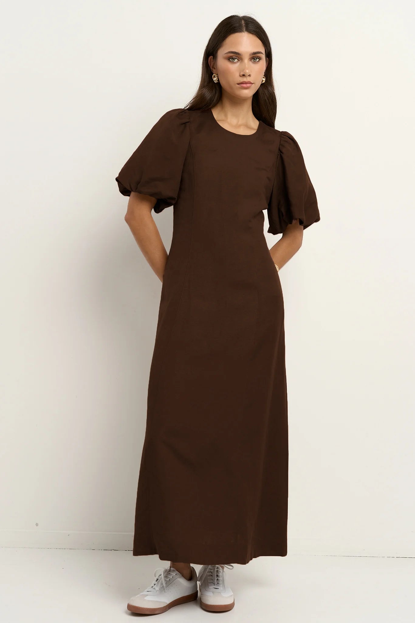 Indulgent Chocolate Puff Sleeve Relaxed Midi Dress