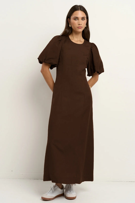 Indulgent Chocolate Puff Sleeve Relaxed Midi Dress