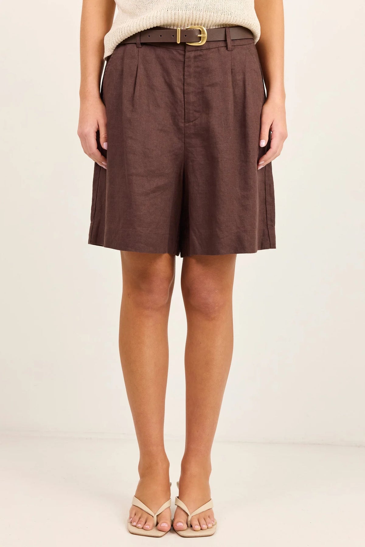 Literal Dark Chocolate Linen Pleat Front Shorts