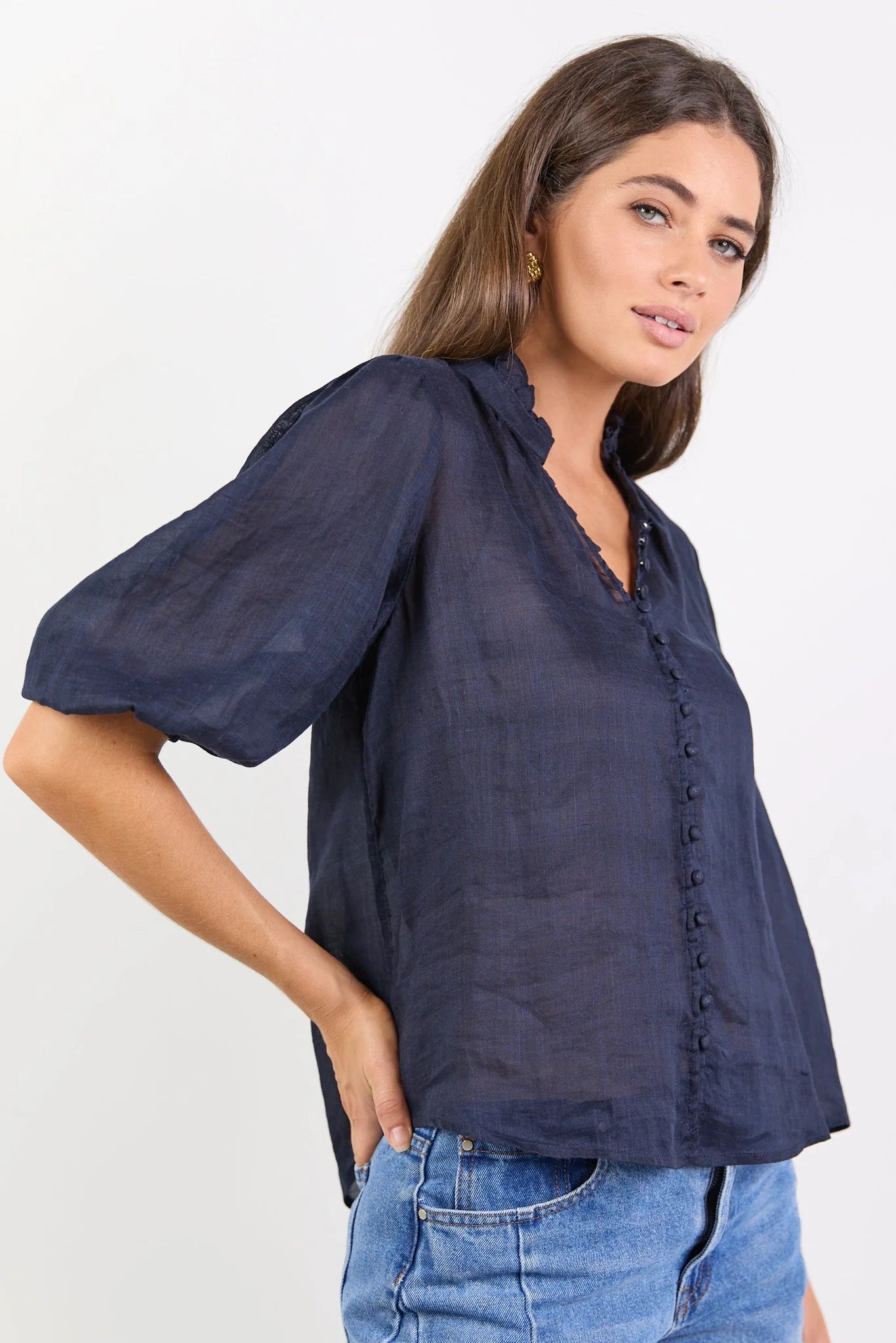 Continuance Navy Ramie High Neck Buttoned SS Top