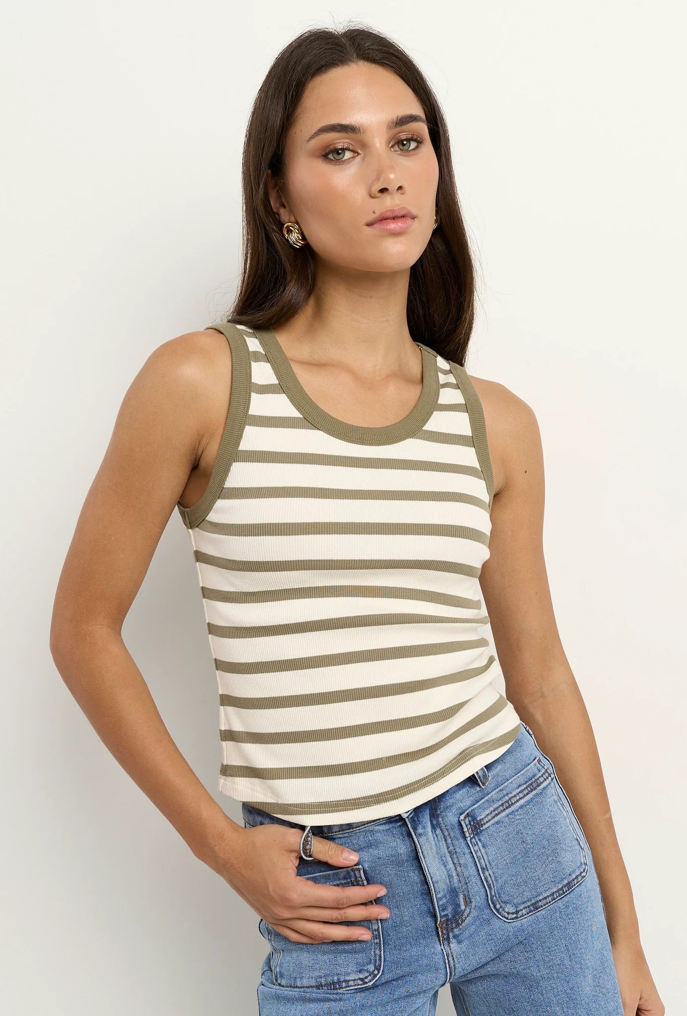 Cobble Khaki Ivory Stripe Rib Cutaway Tank