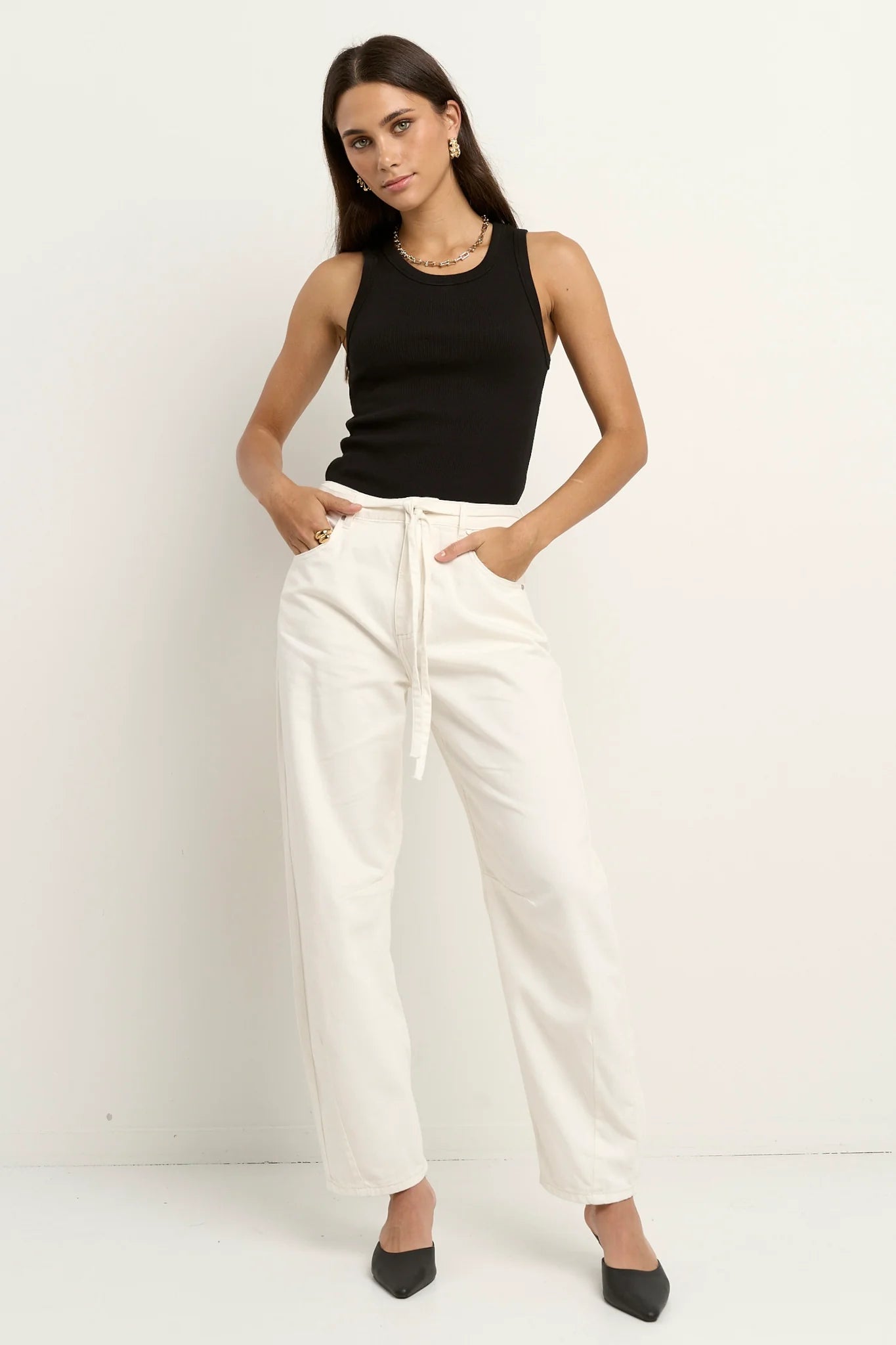 Campus Ecru Tie Waist Barrel Jeans