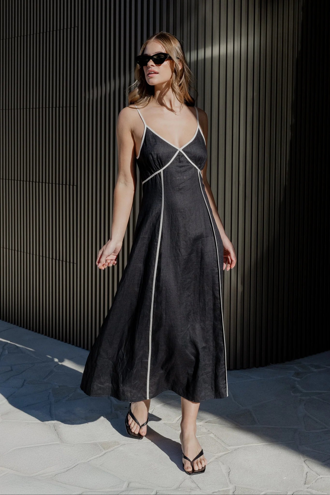 Marine Black Natural Contrast Linen Strappy Maxi Dress