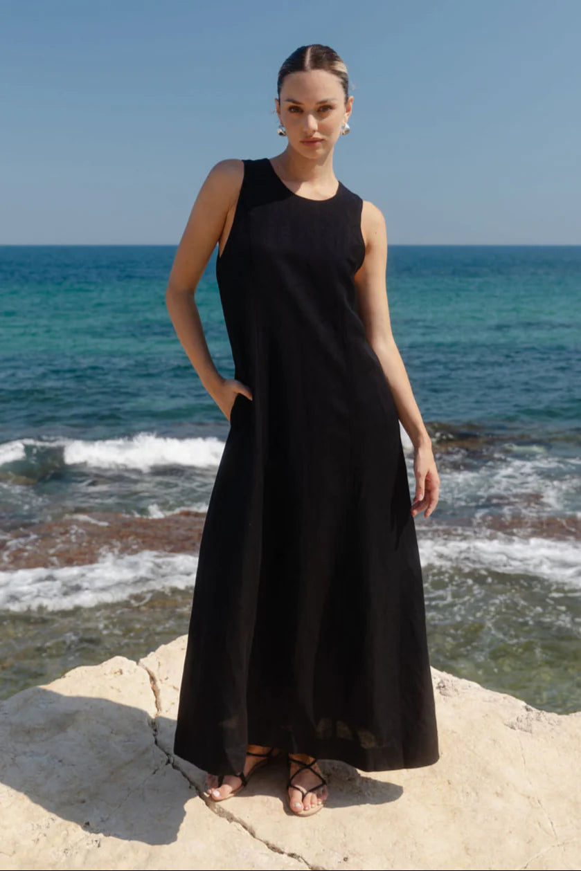 Easygoing Black Linen Blend Sleeveless Crew Neck Midi Dress