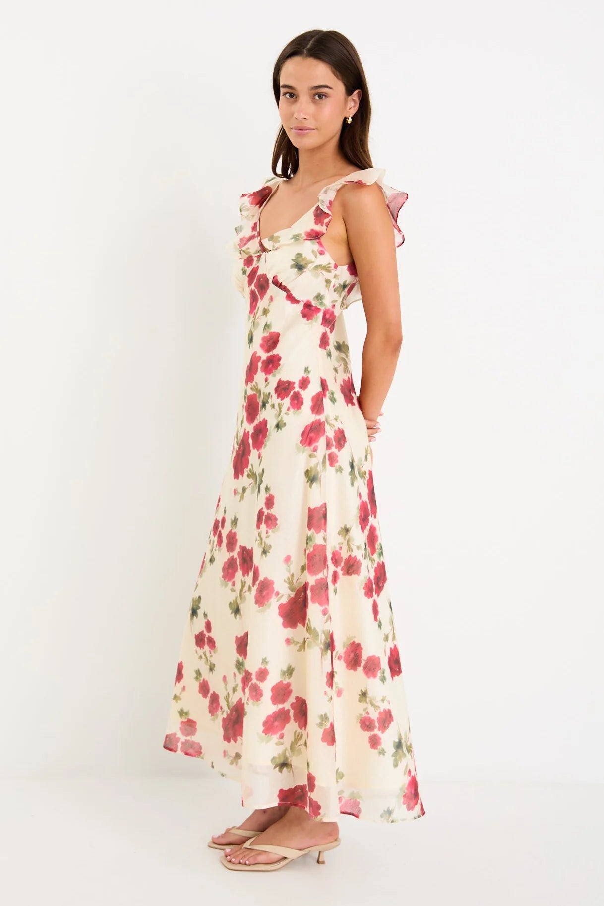 Amusing Cream Red Rose Bias Slip Maxi Dress