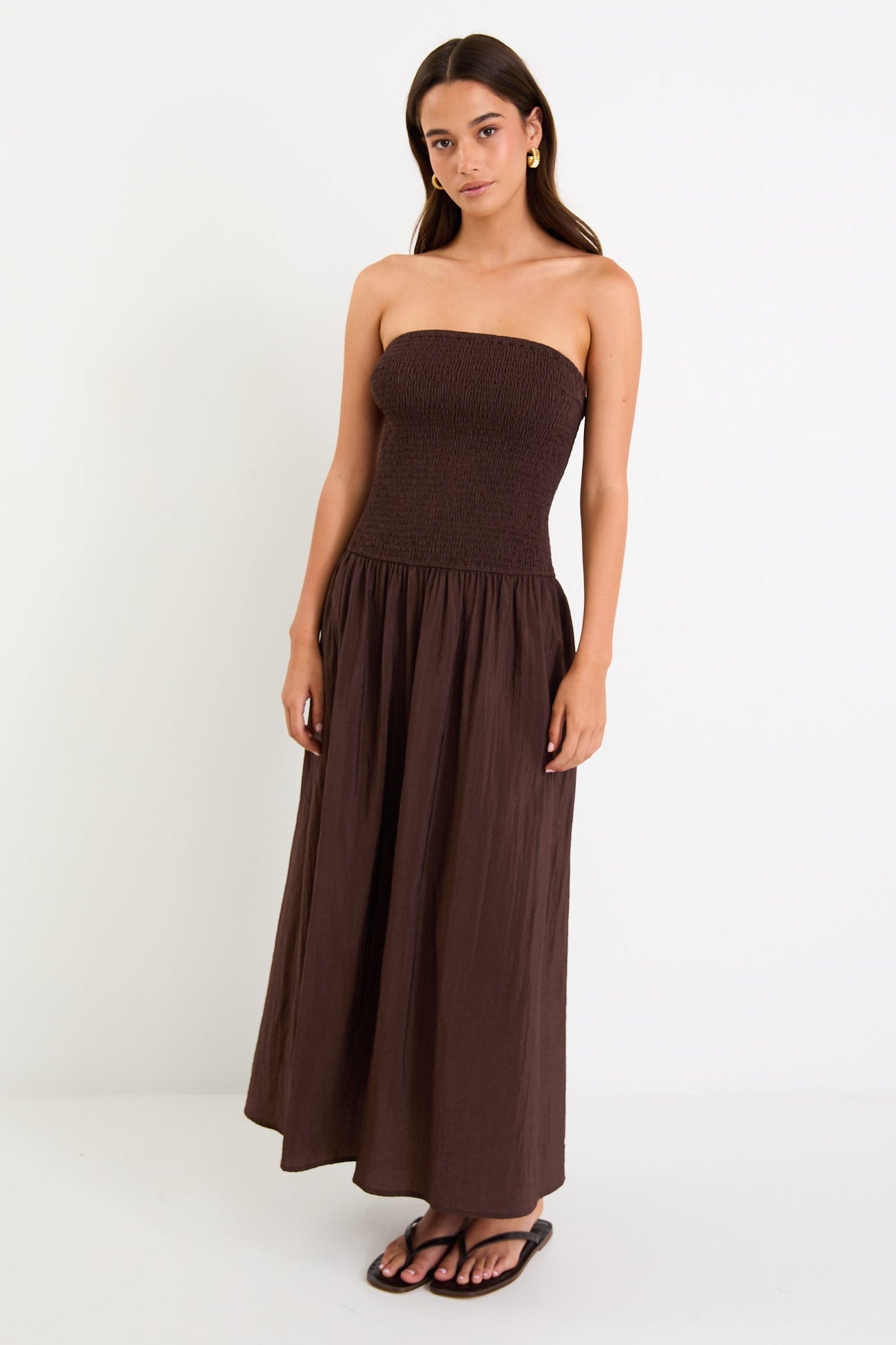 Athens Chocolate Strapless Shirred Bodice Maxi Dress