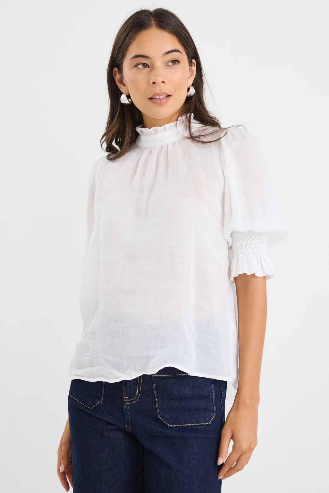 Verse Sheer High Neck Short Sleeve Top- Ivory