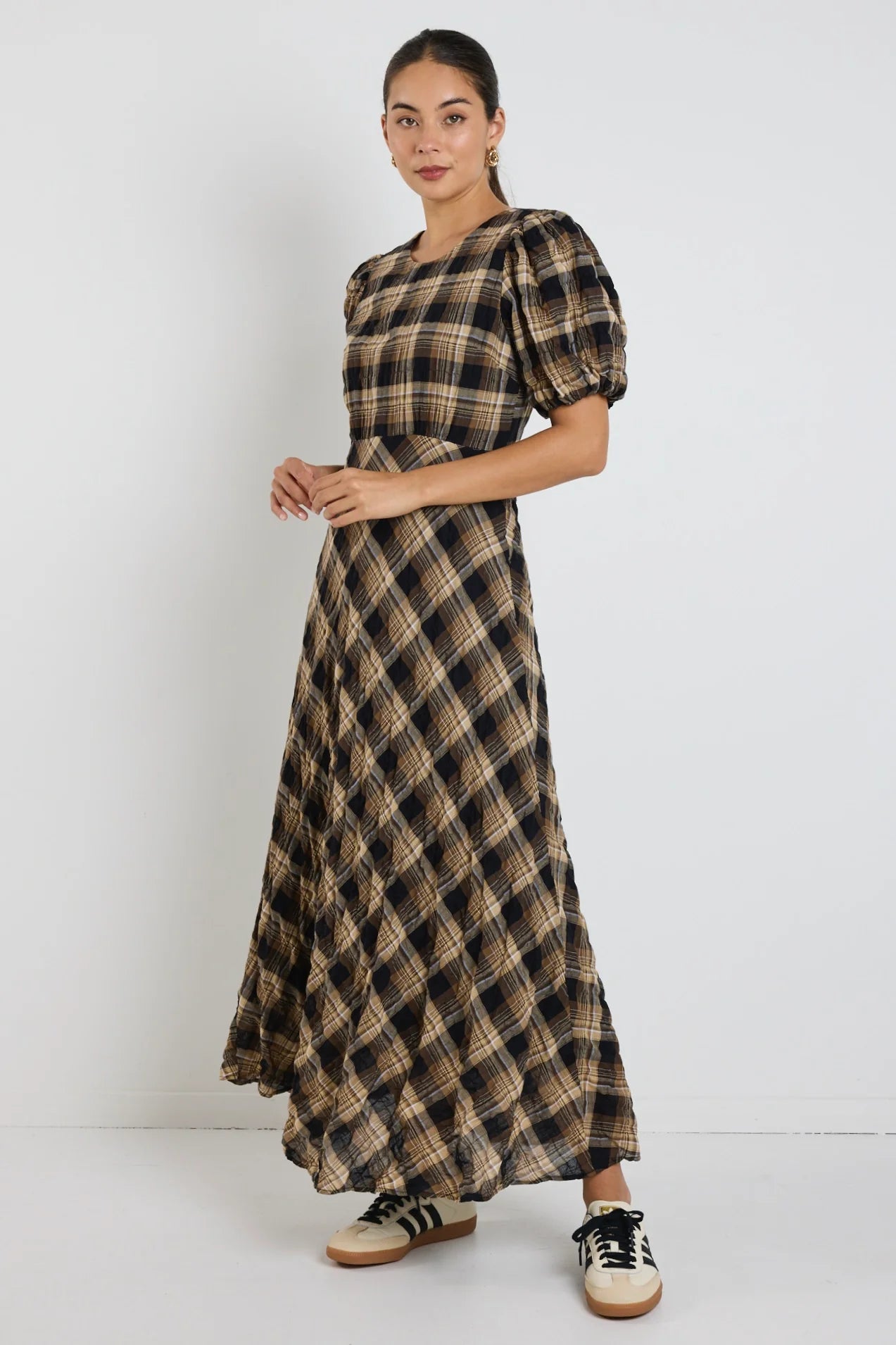 Encore Caramel Check SS Bias Maxi Dress