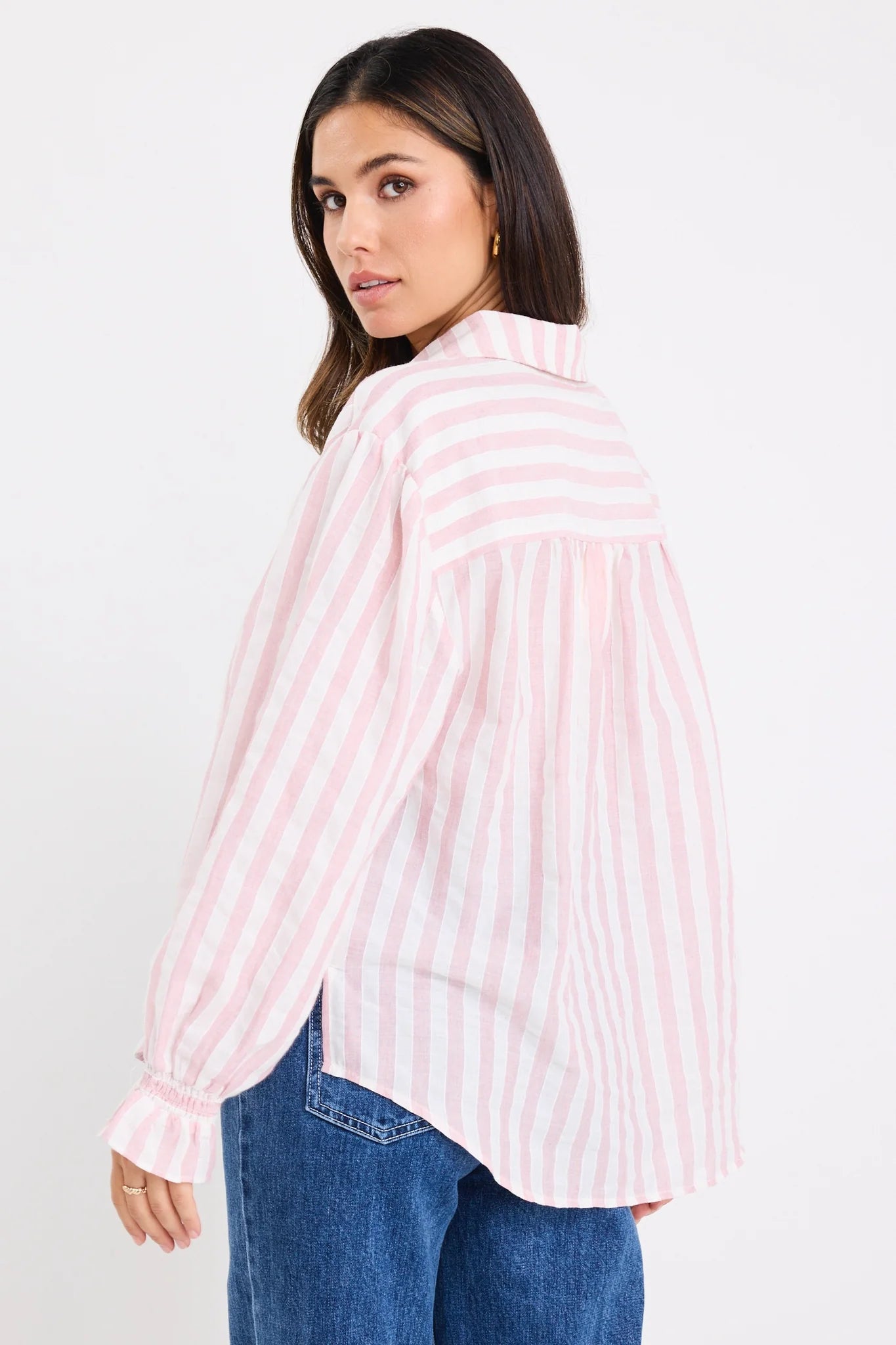 Connection Button Front Blouse - Pink Stripe