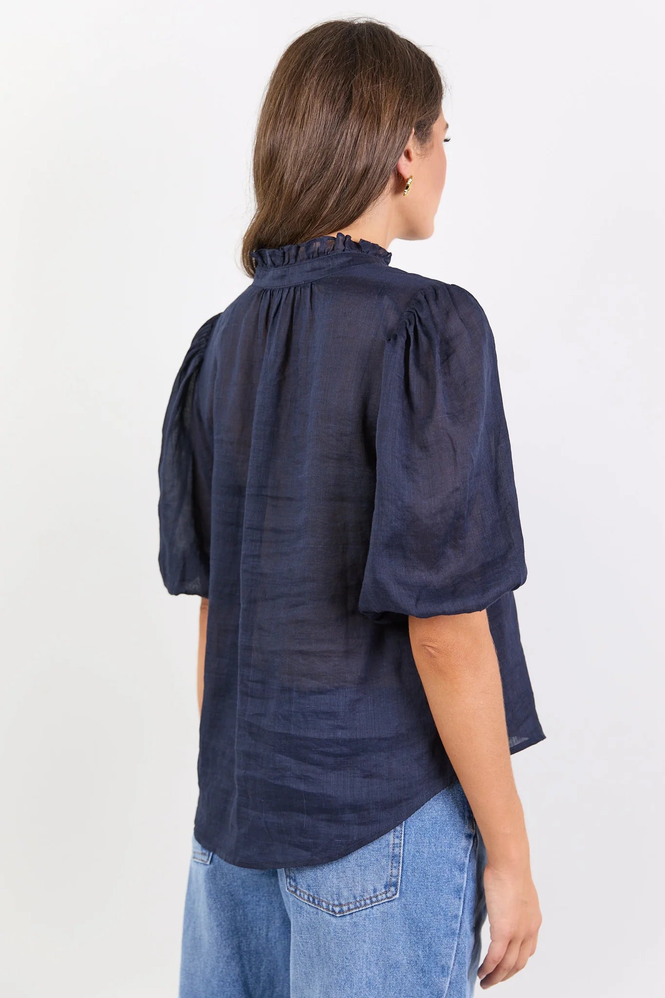 Continuance Navy Ramie High Neck Buttoned SS Top