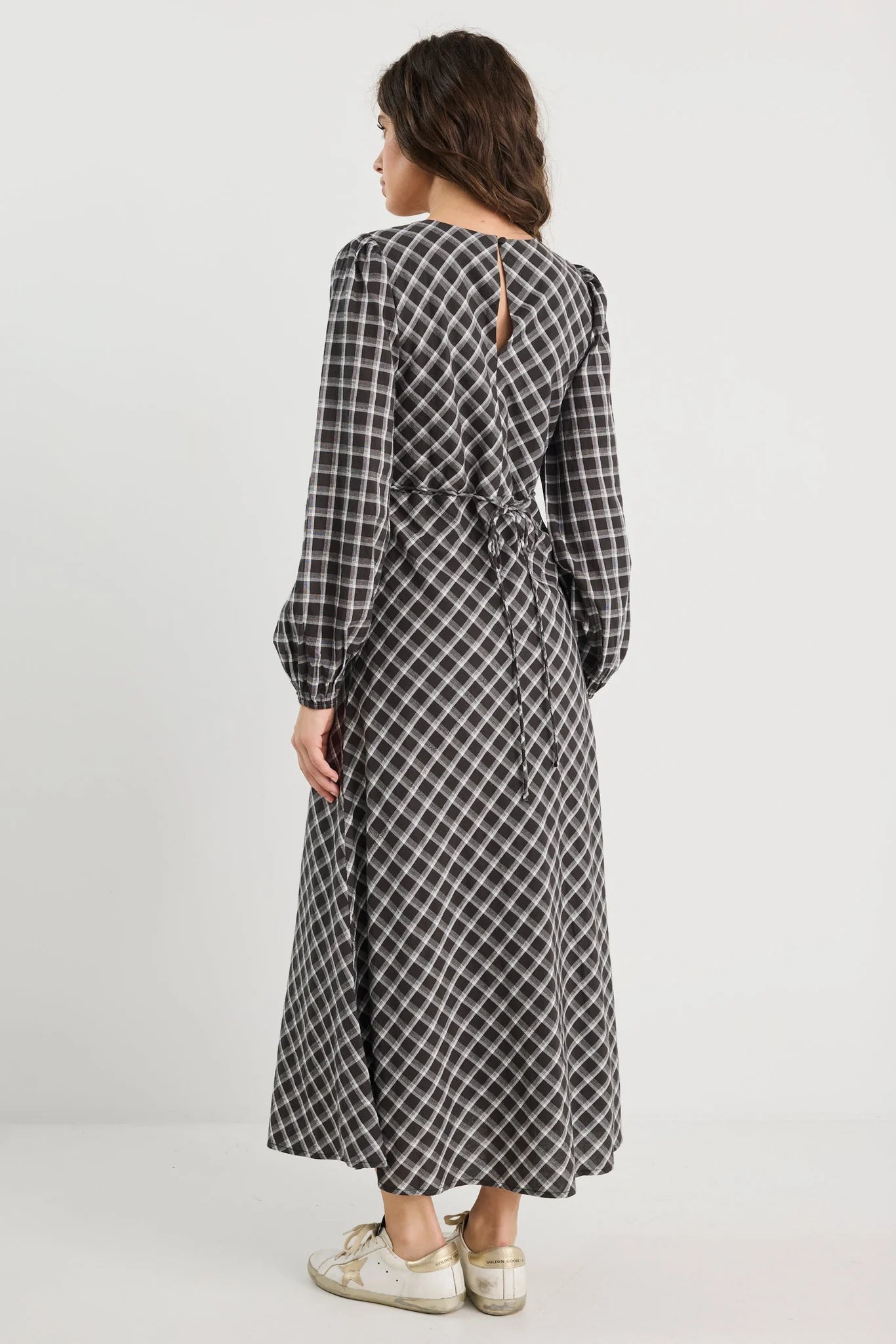 Phoenix Black White Check Balloon Sleeve Midi Dress