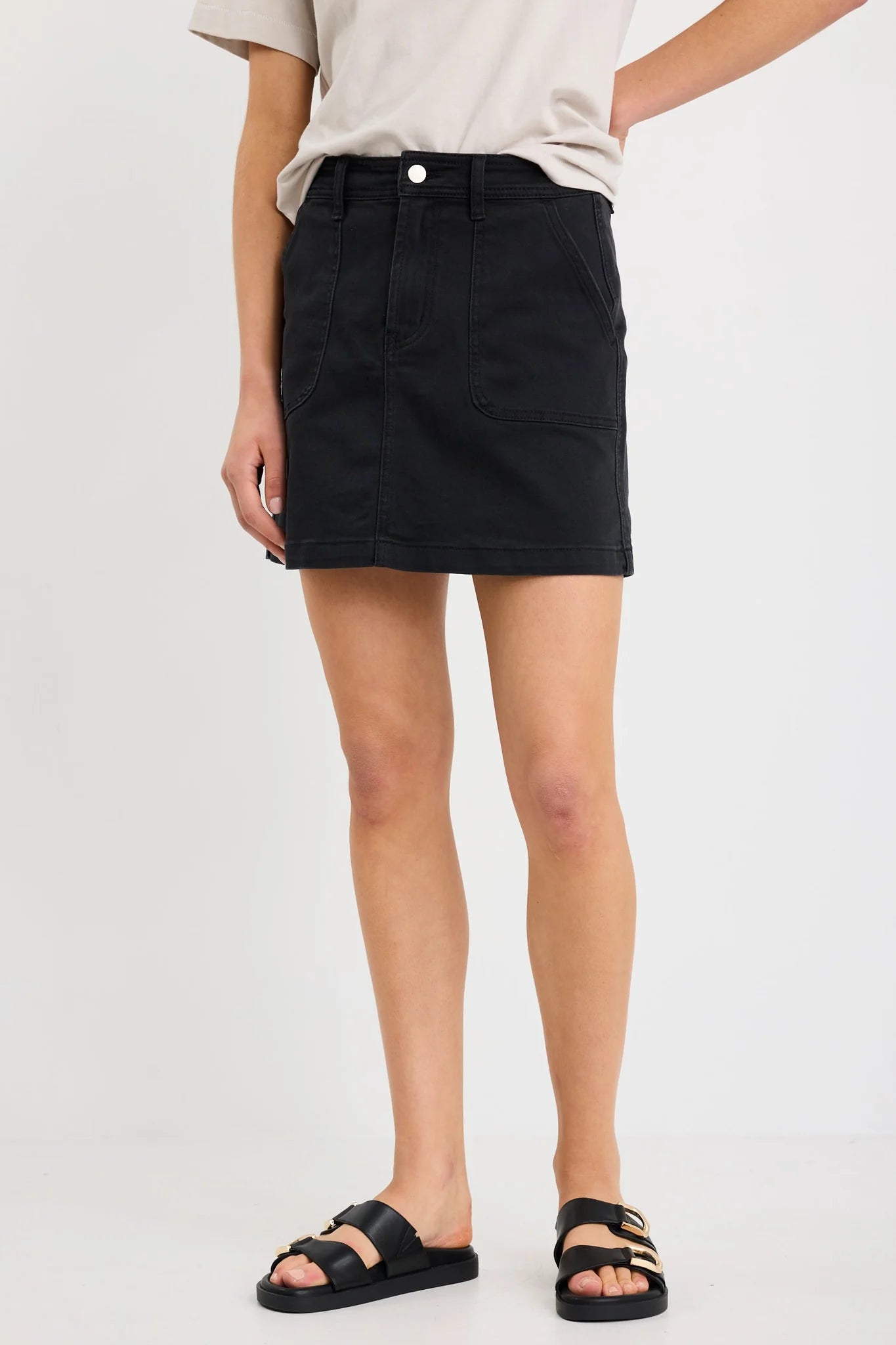 Orchard Washed Black Pocket Front Denim Mini Skirt