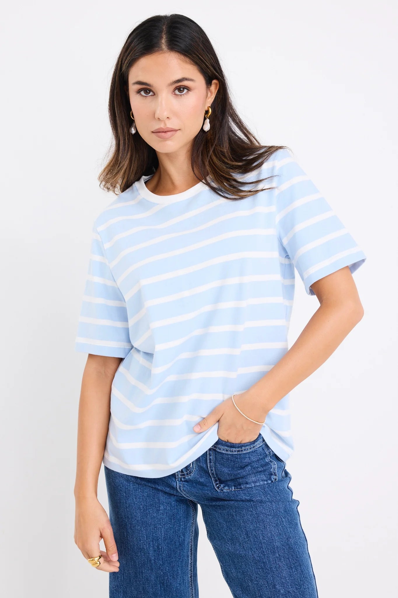 Binding Tee Boxy Fit - Pale Blue & White Stripe