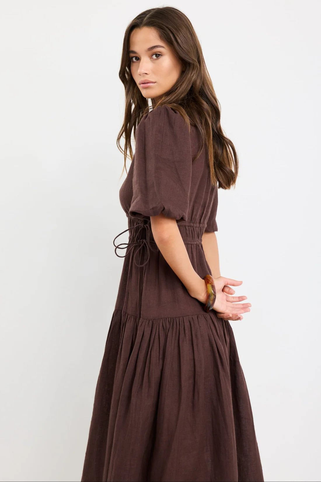 Glory Chocolate Linen Puff Sleeve Midi Dress