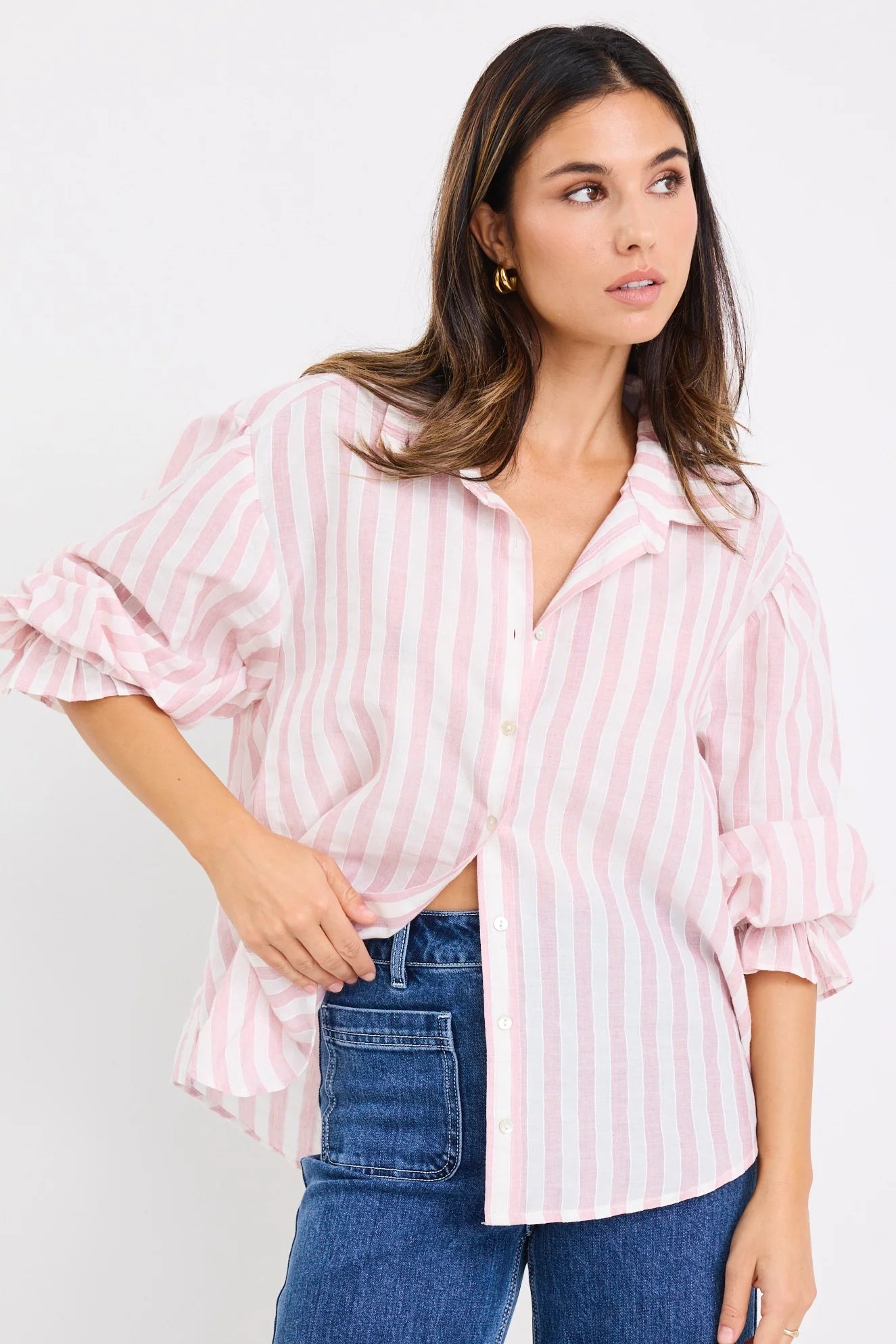 Connection Button Front Blouse - Pink Stripe