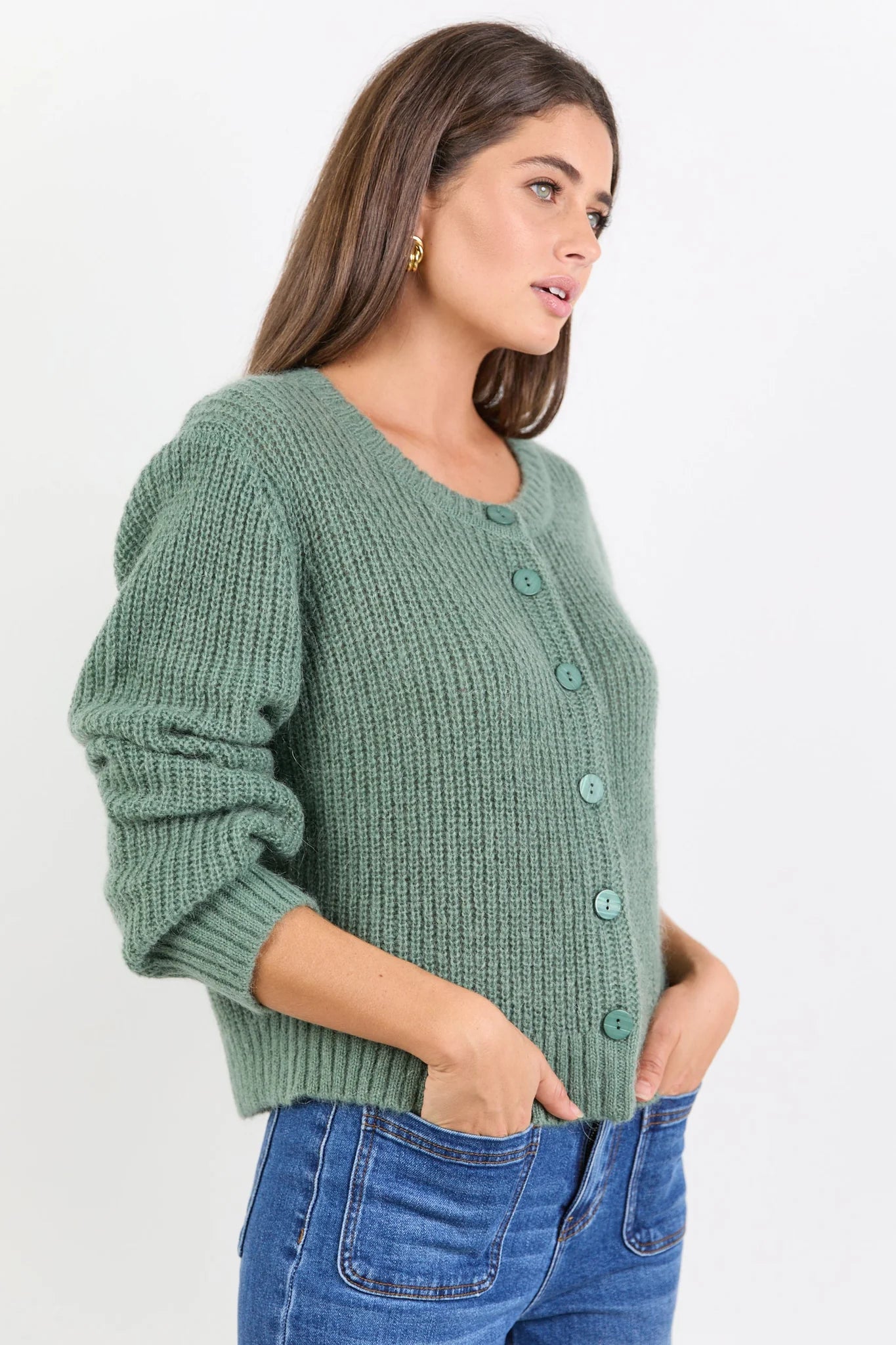 Highlight Sage Mohair Blend Crewneck Cardigan