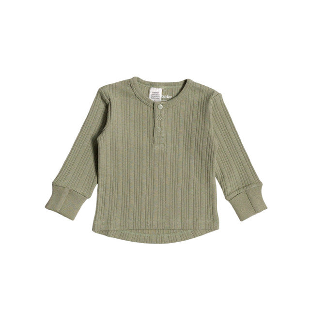 Woolbabe Merino/Organic Cotton Long Sleeve Henley Top - Flax Marl