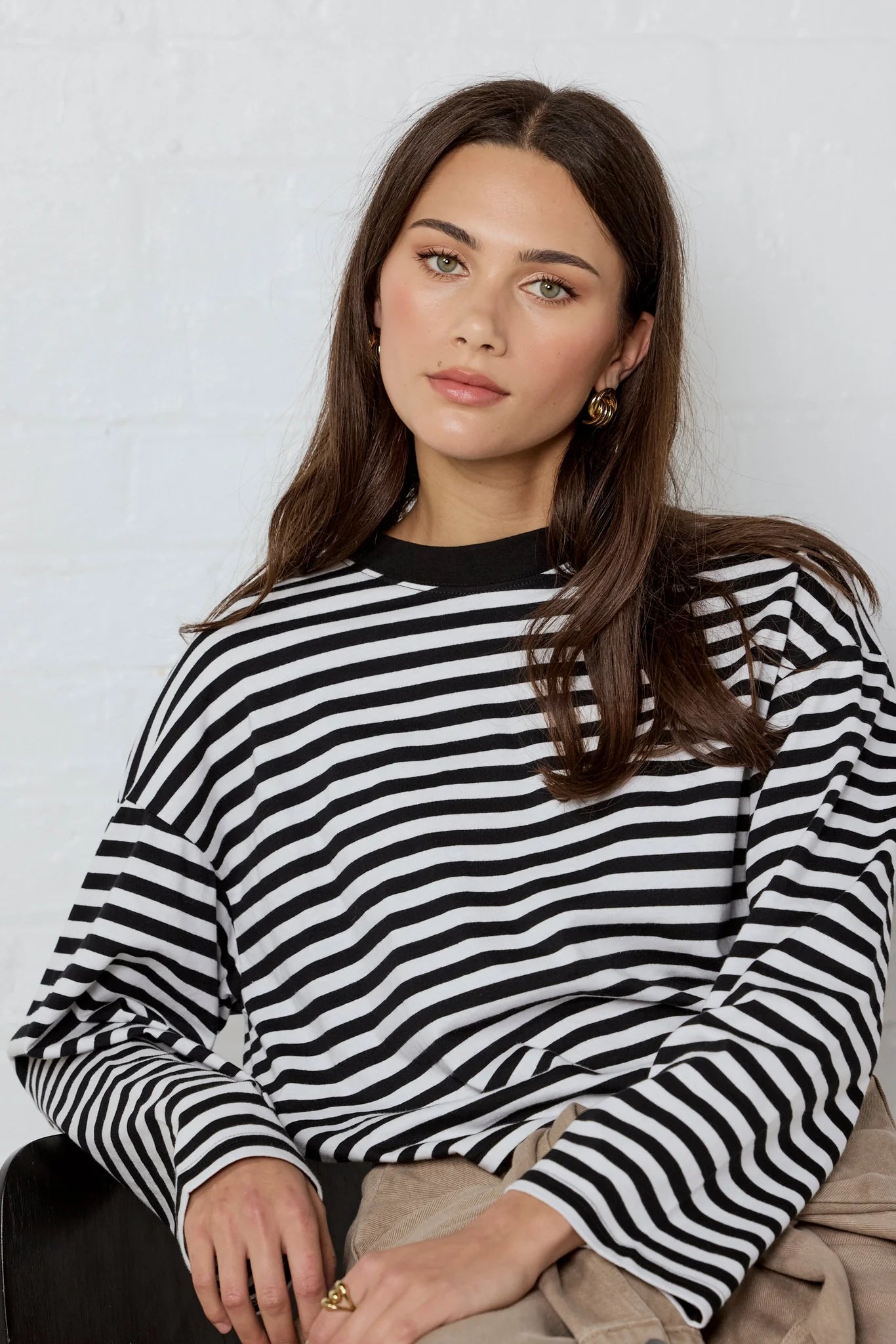 Unite Black White Stripe Long Sleeve Contrast Binding Boxy Tee