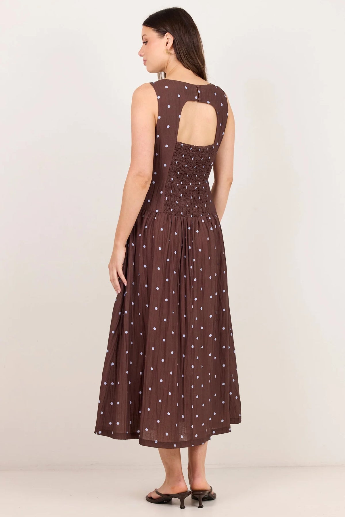 Results Mocha Blue Polka Dot Shirred Back Sleeveless Maxi Dress