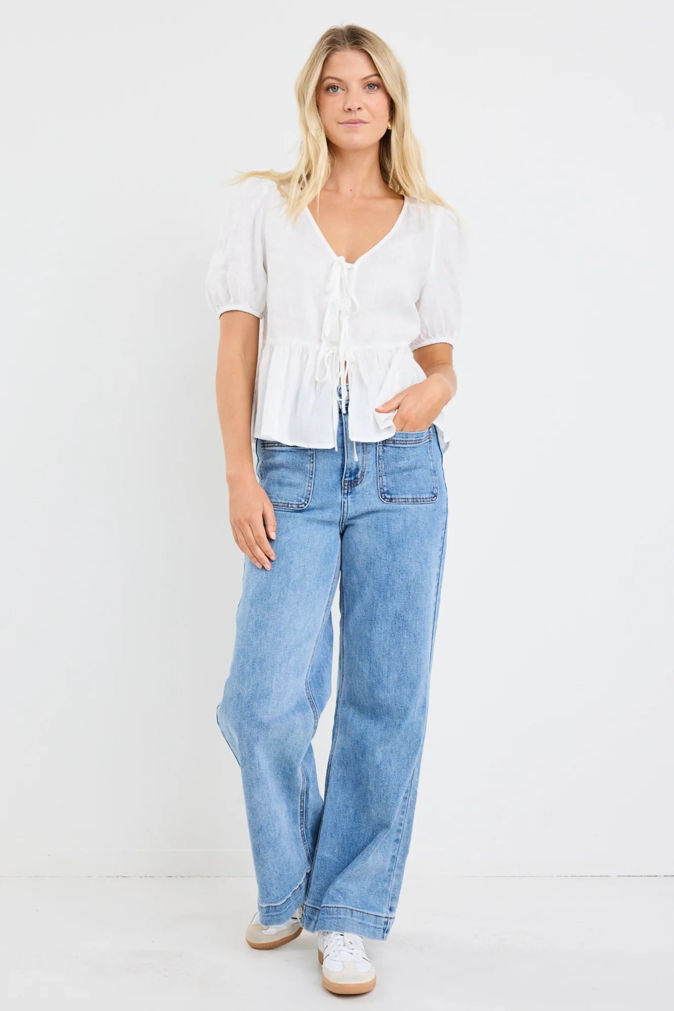 Restore Ivory Linen Tie Front Peplum SS Top