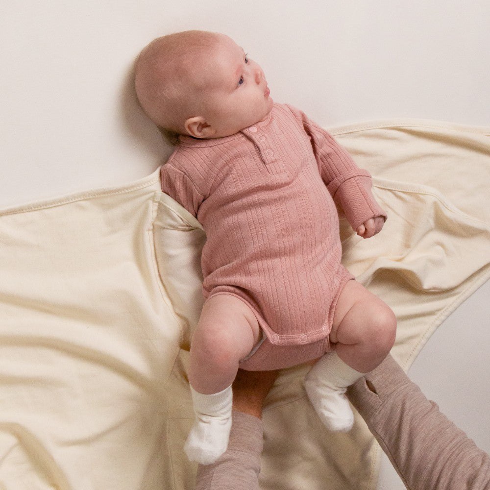 Woolbabe Merino/Organic Cotton Long Sleeve Henley Bodysuit - Dusk Marl