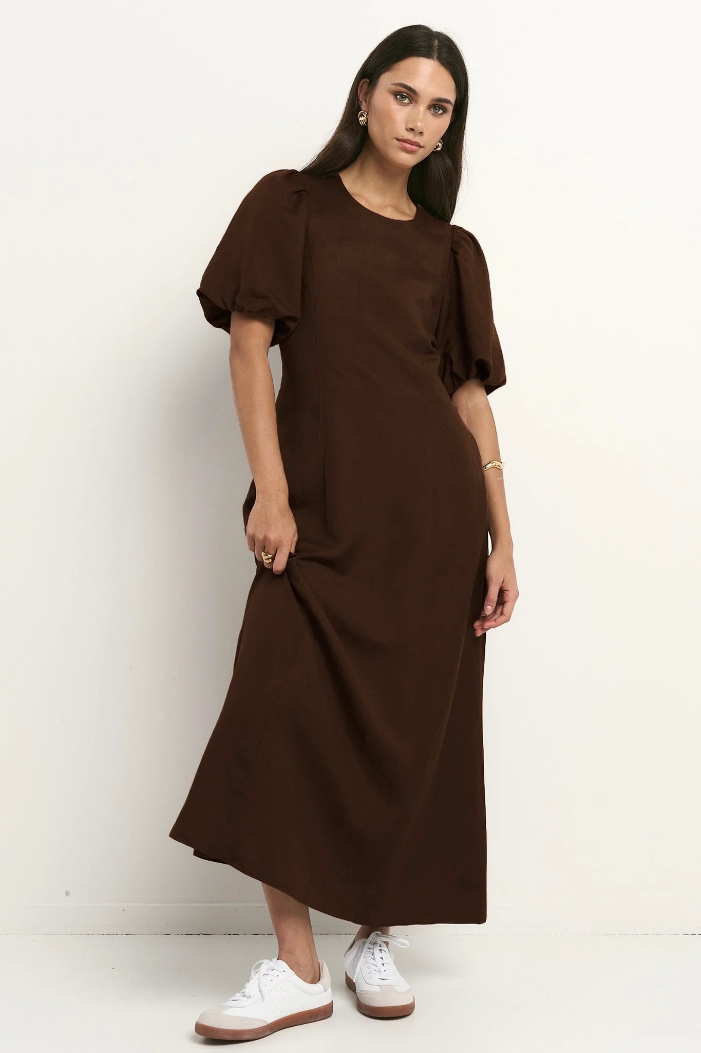 Indulgent Chocolate Puff Sleeve Relaxed Midi Dress