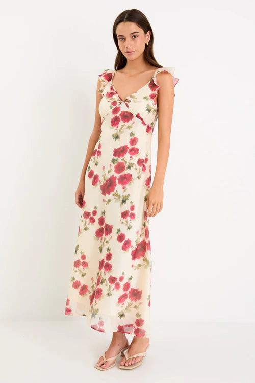 Amusing Cream Red Rose Bias Slip Maxi Dress