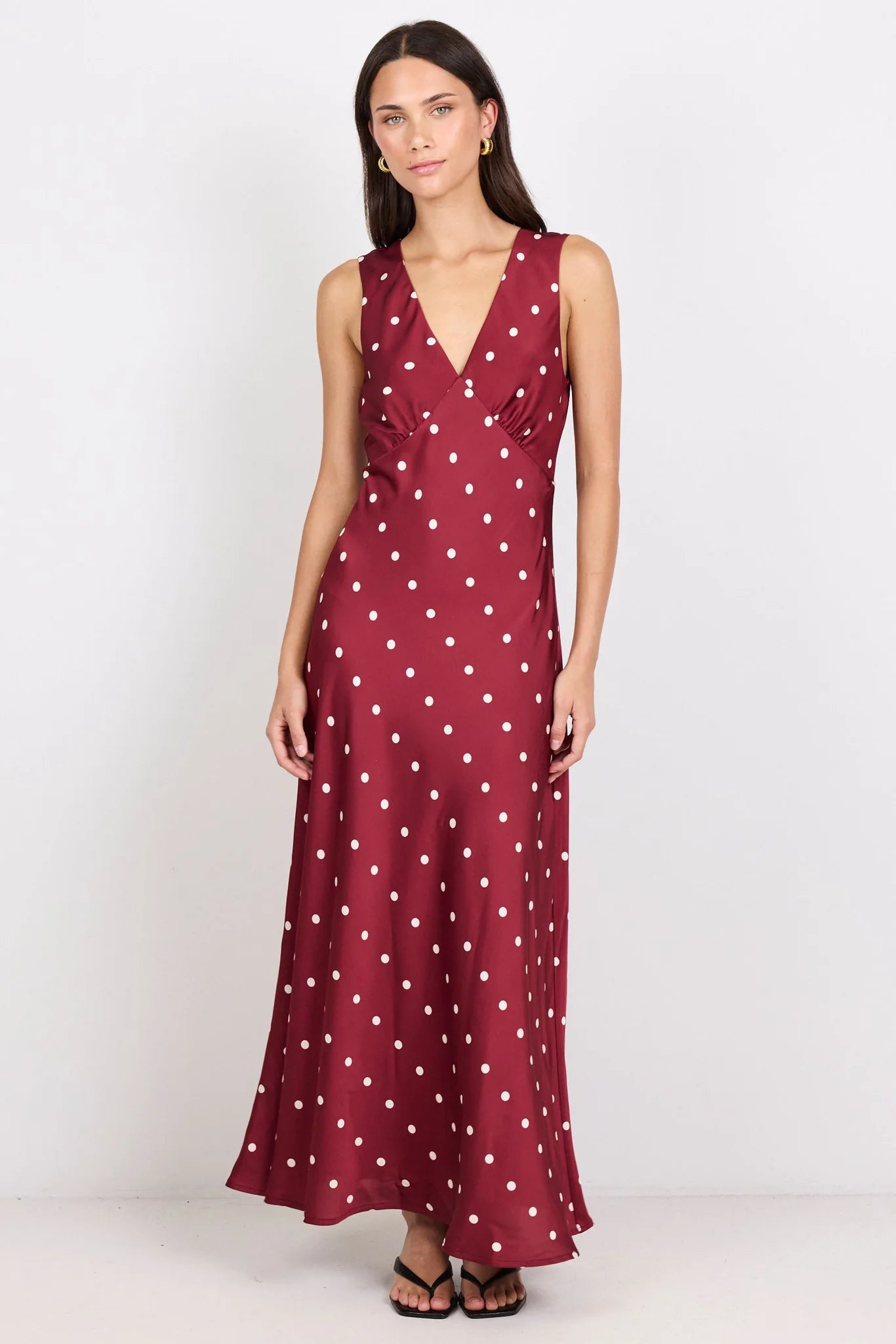 Aston Wine Cream Polka Dot Satin Bias Flared Maxi Dress