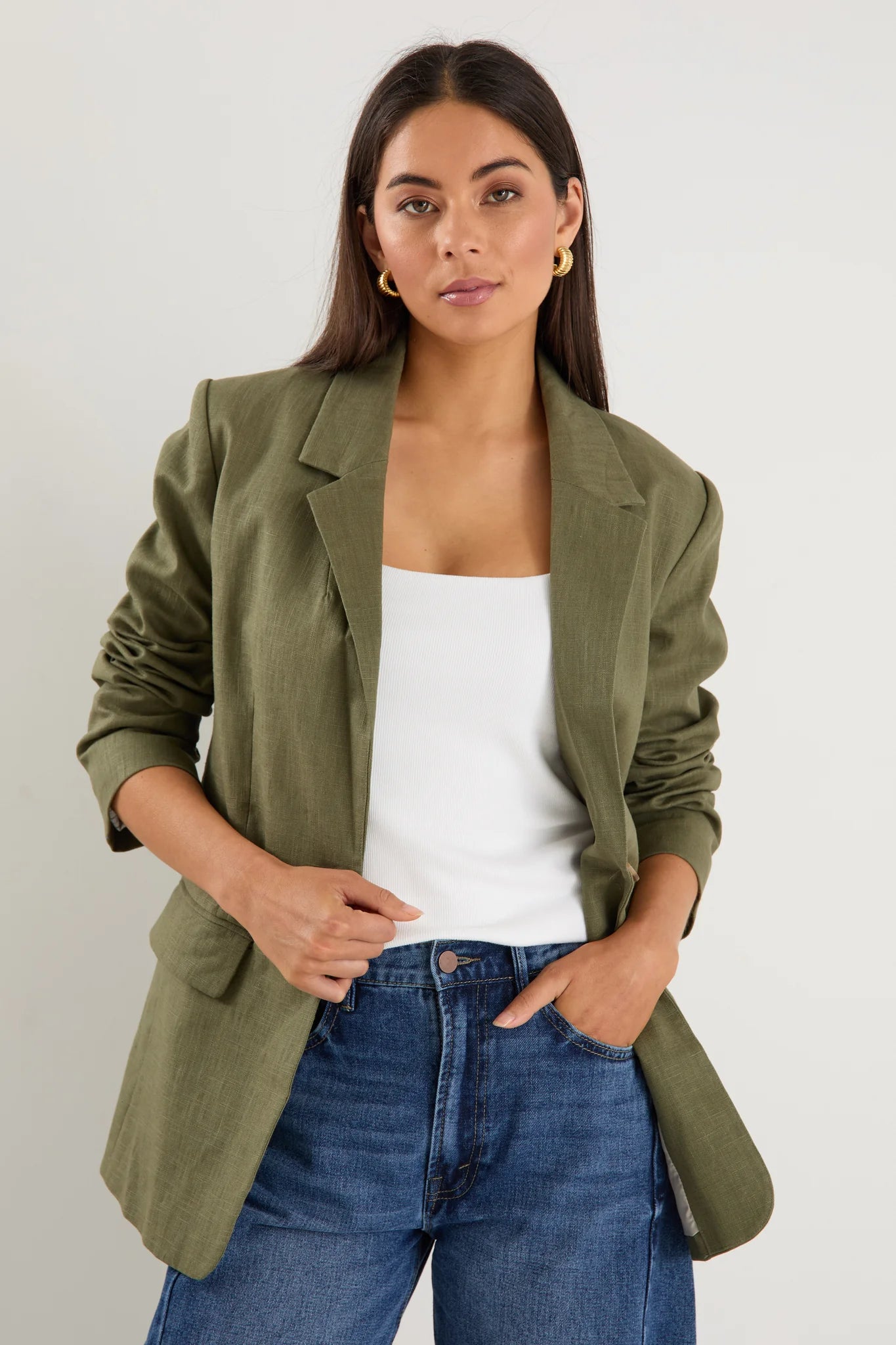 Ramie Rolled Sleeve Blazer - Soft Khaki