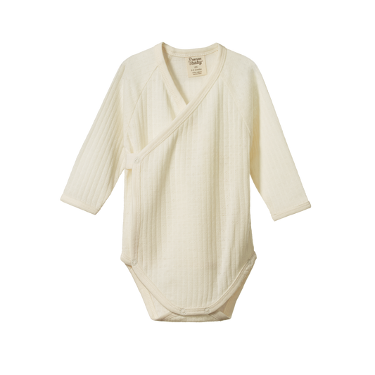 Merino pointelle long sleeve kimono bodysuit - Natural