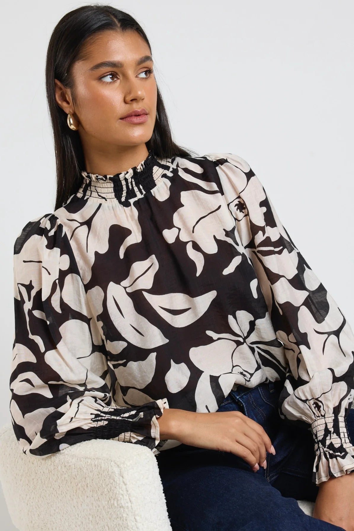 Emphatic Black Floral High Neck LS Top