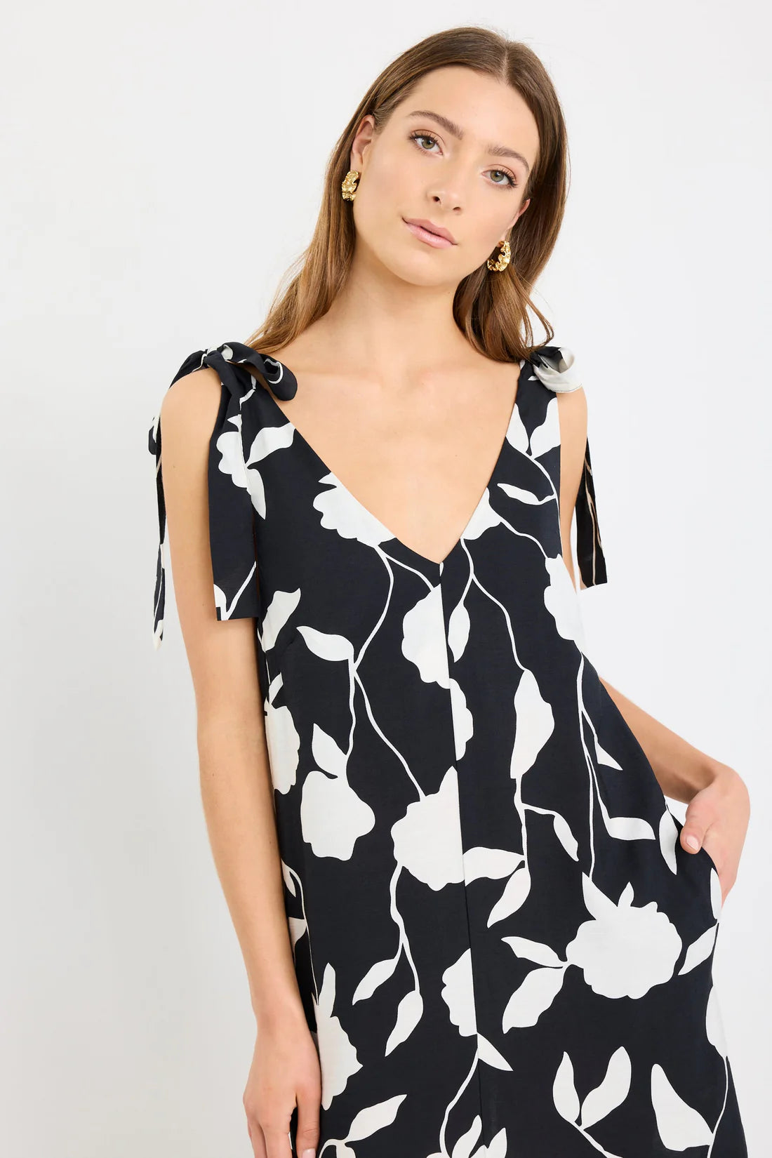 Spontaneous Black and White Floral Tie Shoulder Relaxed Midi Dress