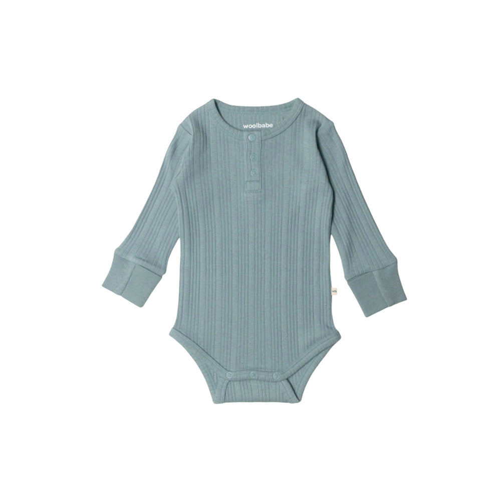 Woolbabe Merino/Organic Cotton Long Sleeve Henley Bodysuit - Tide Marl