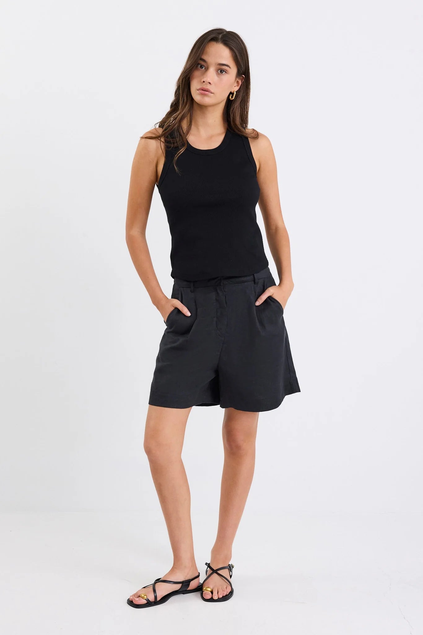 Literal Black Linen Pleat Front Shorts