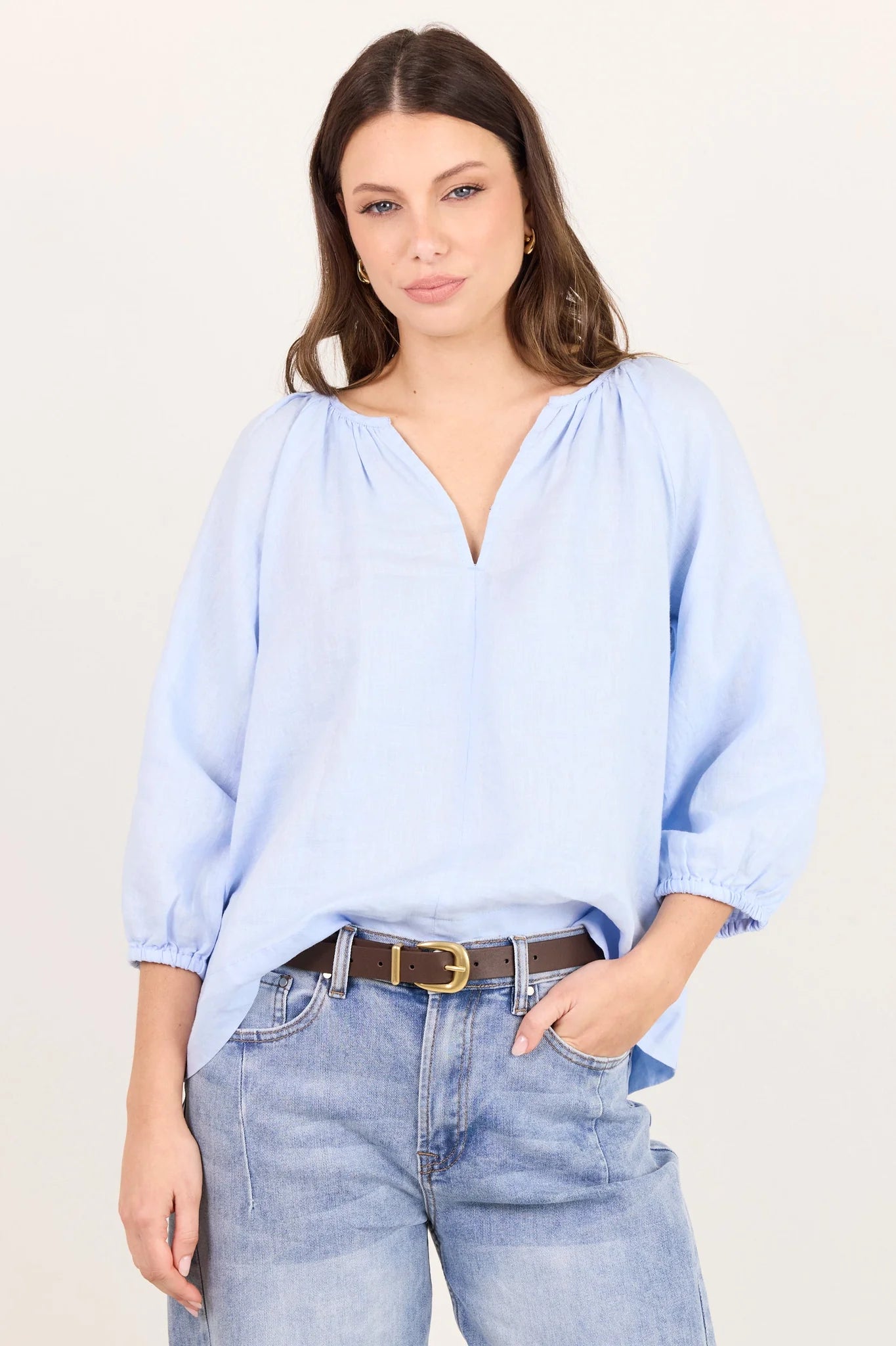 Revolutionary Ice Blue Linen Relaxed LS Top
