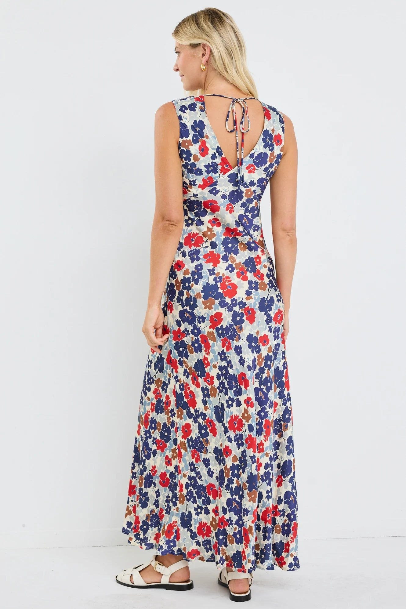 Aston Blue Red Poppy Satin Bias Flared Maxi Dress
