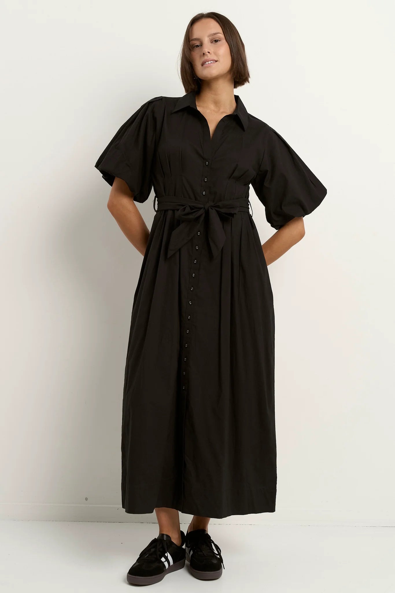 Dusk Black Puff Short Sleeve Collared Maxi Dress