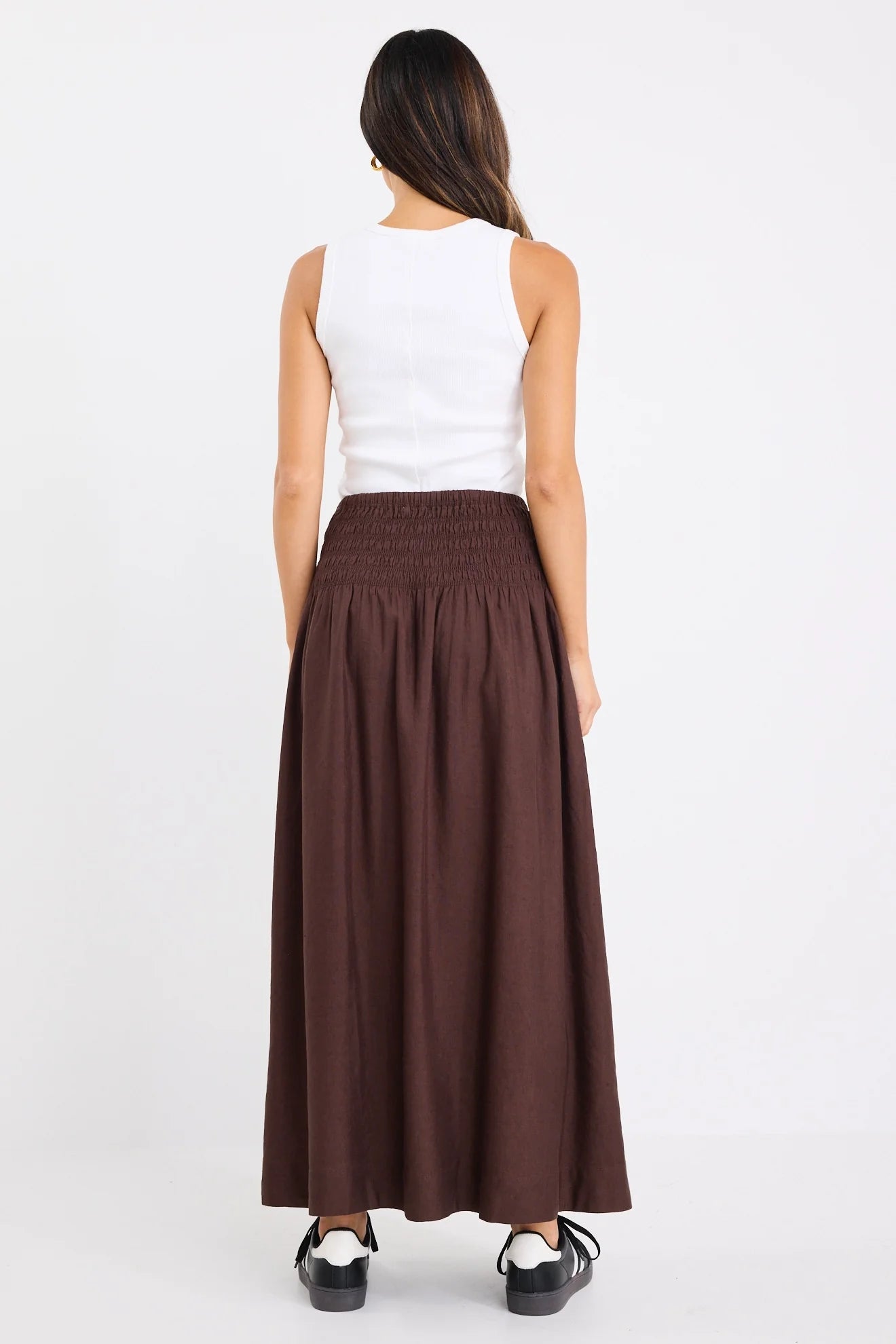 Byron Chocolate Linen Blend Shirred Waist Maxi Skirt