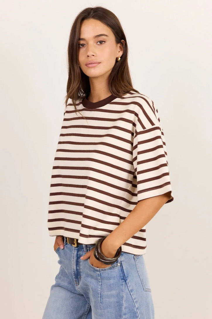Cohesion Chocolate Vanilla Stripe Oversized Contrast Binding Boxy SS Tee