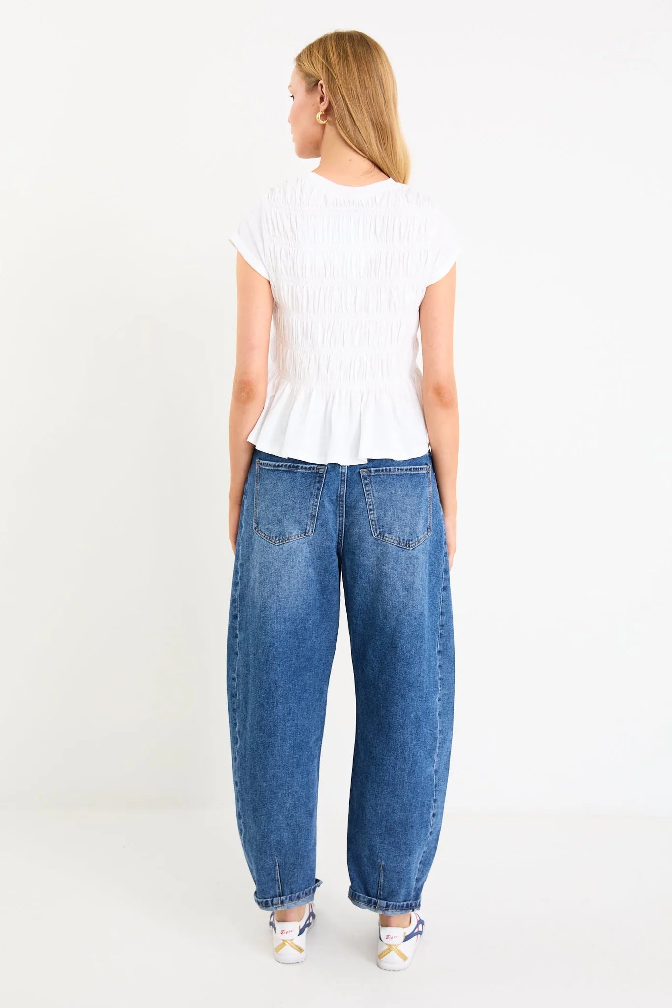 Neat White Slub Shirred Detail SS Tee