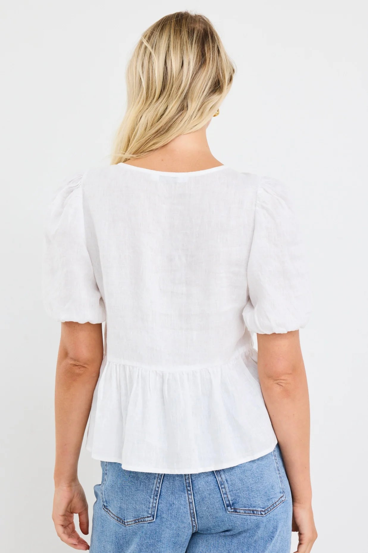 Restore Ivory Linen Tie Front Peplum SS Top
