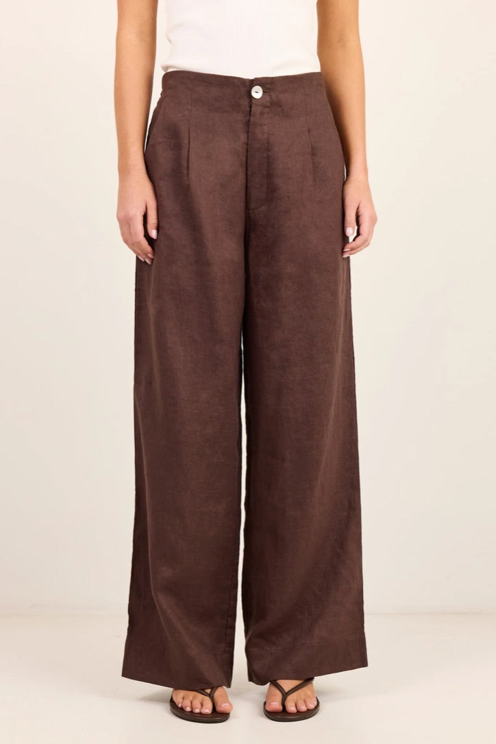 Curator Dark Chocolate Linen Pleat Front Wide Leg Pants
