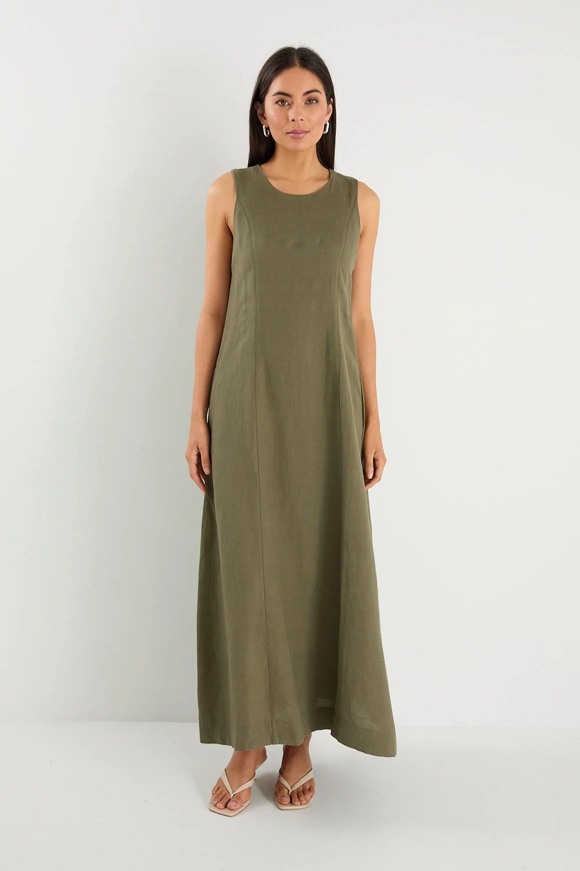 Easygoing Soft Khaki Linen Blend Sleeveless Crew Neck Midi Dress