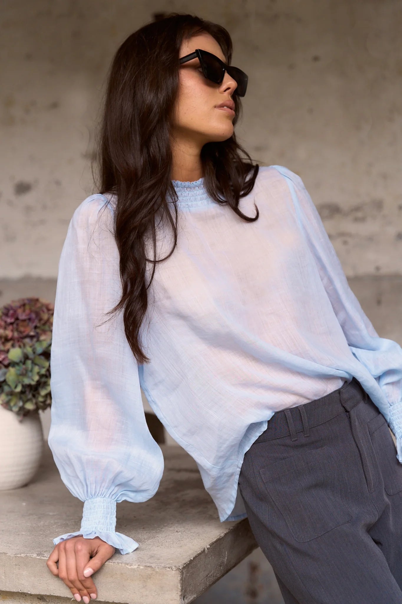 Embrace Ice Blue Ramie Shirred Neck LS Top