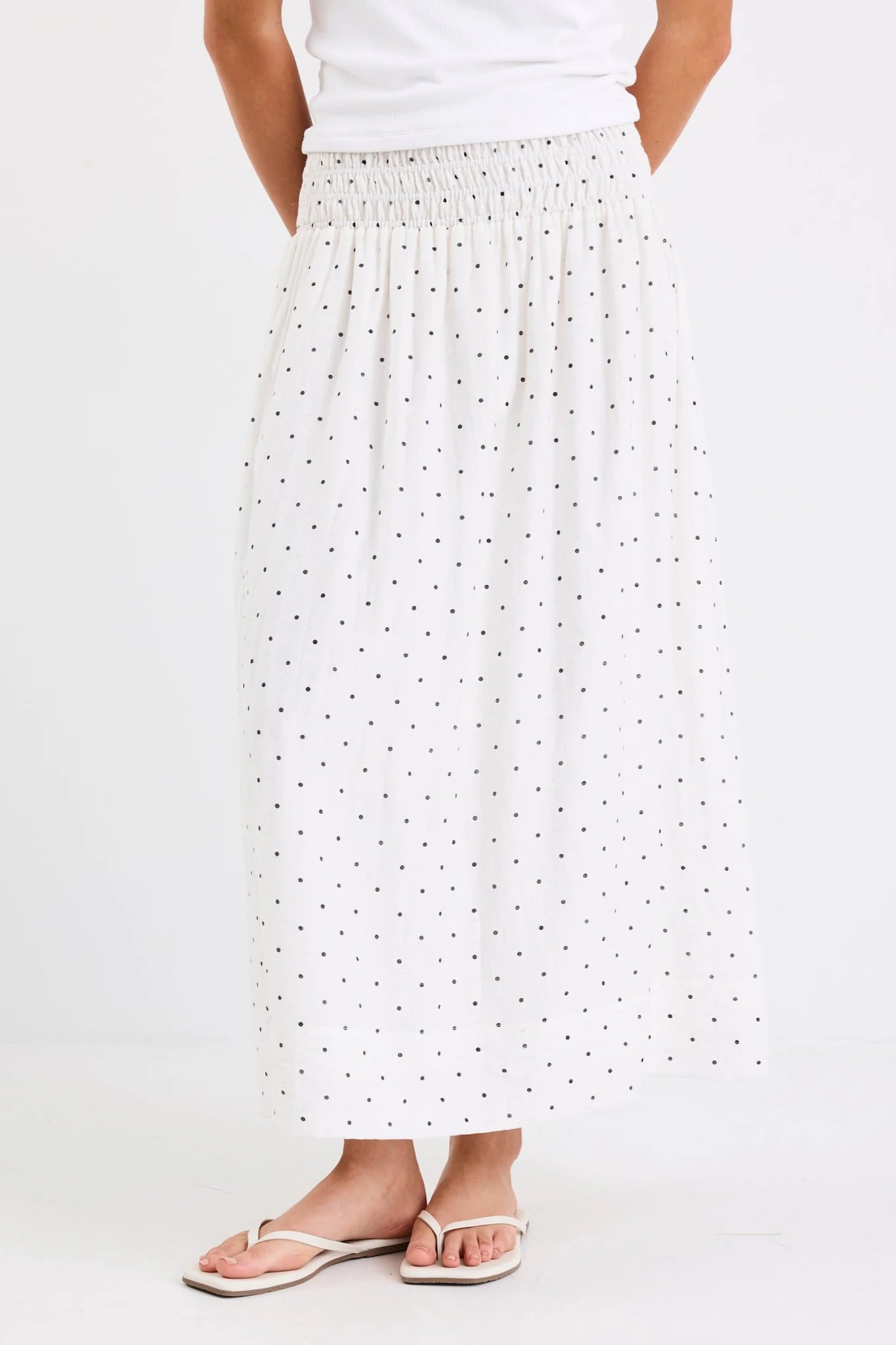 Wanderlust Cream Polka Dot Shirred Waist Maxi Skirt